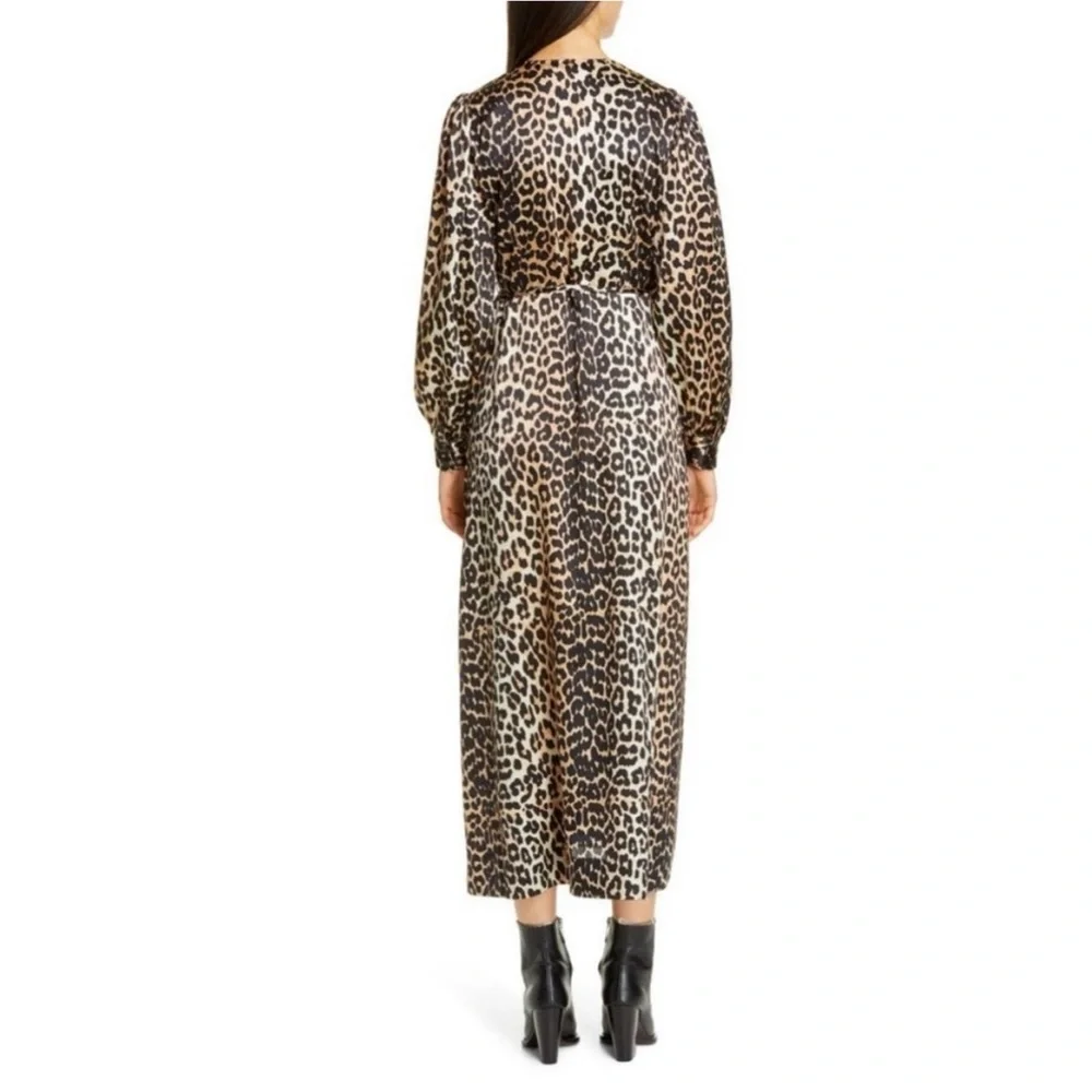 Ganni Silk Wrap Dress Leopard Print Long Sleeve Mob Wife Luxury Sz 38 = US 6 - Picture 13 of 14